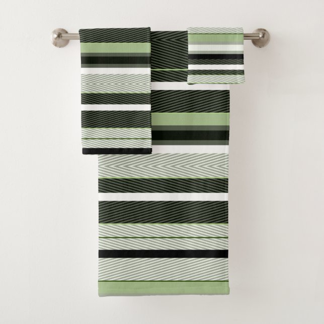 Grey, green, white stripes. bath towel set (Insitu)