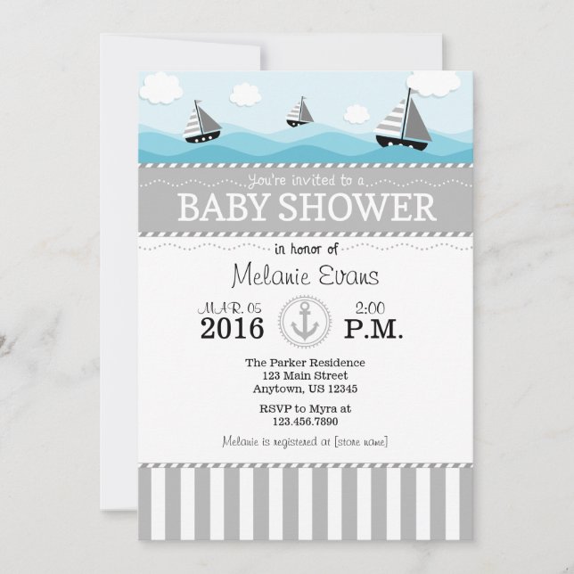 Grey Grey Blue Nautical Baby Shower Invitation (Front)