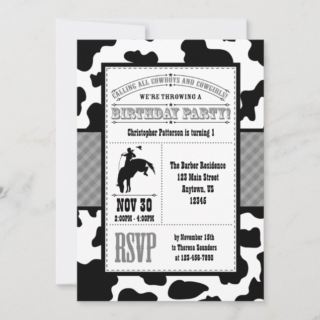 Grey Grey Cowhide Cowboy Birthday Invitation (Front)
