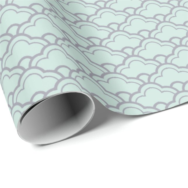 Grey Grey Mint Green Aqua Scallop Scales Art Deco Wrapping Paper (Roll Corner)