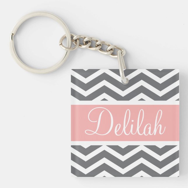Grey Grey Peach Chevron Custom Name Key Ring (Front)