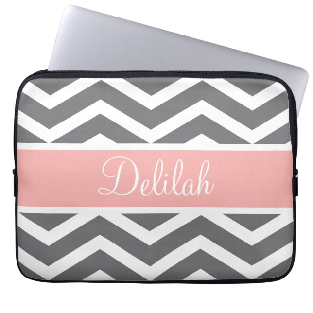 Grey Grey Peach Chevron Custom Name Laptop Sleeve (Front)