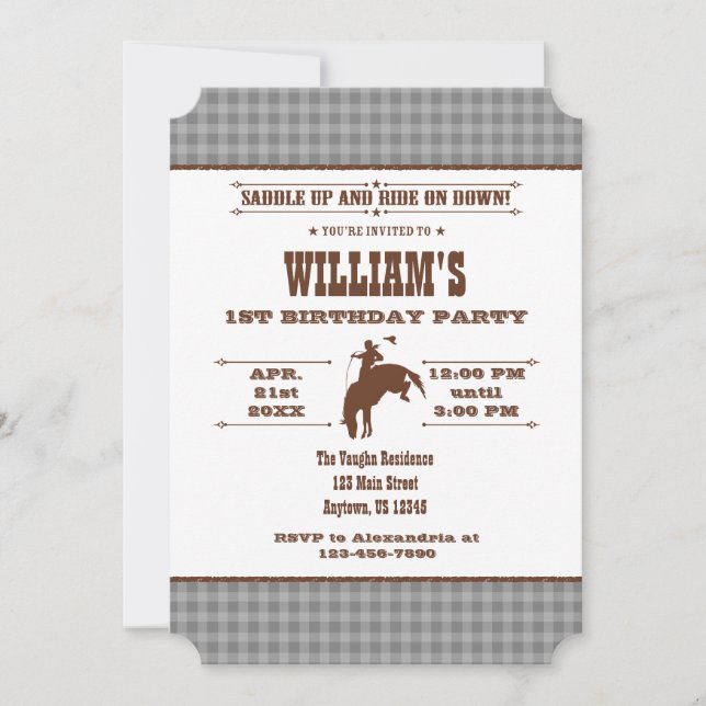Grey Grey Plaid Cowboy Rodeo Birthday Invitation (Front)