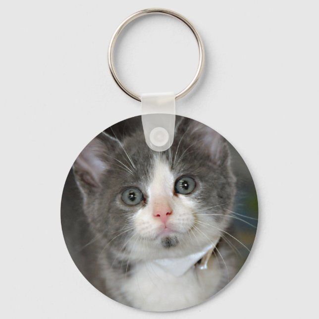 Grey/Grey/Silver and White Kitten Keychain (Front)