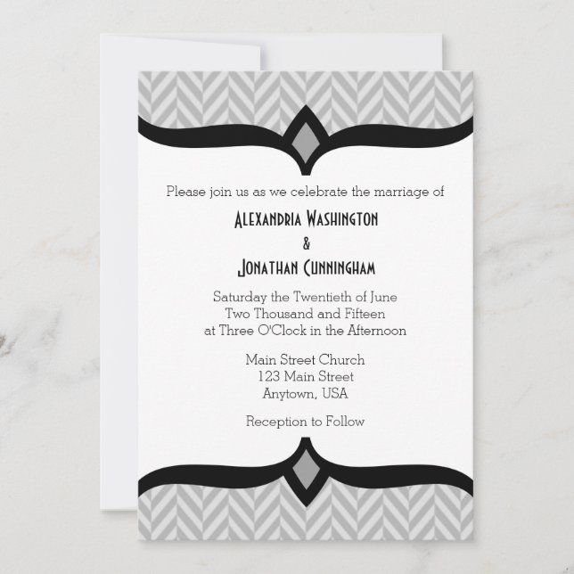 Grey Grey White Herringbone Wedding Invitation (Front)