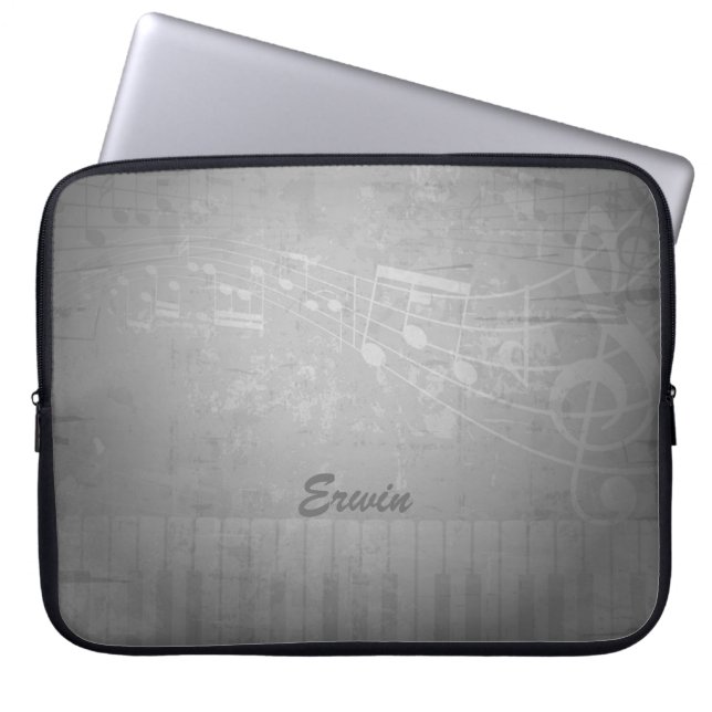 Grey Grunge Music Background and Custom Monogram Laptop Sleeve (Front)