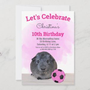 Grey Guinea Pig Girly Pink Soccer Ball Custom Invitation