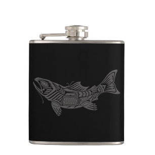 Grey Haida Spirit Fish on Black Hip Flask