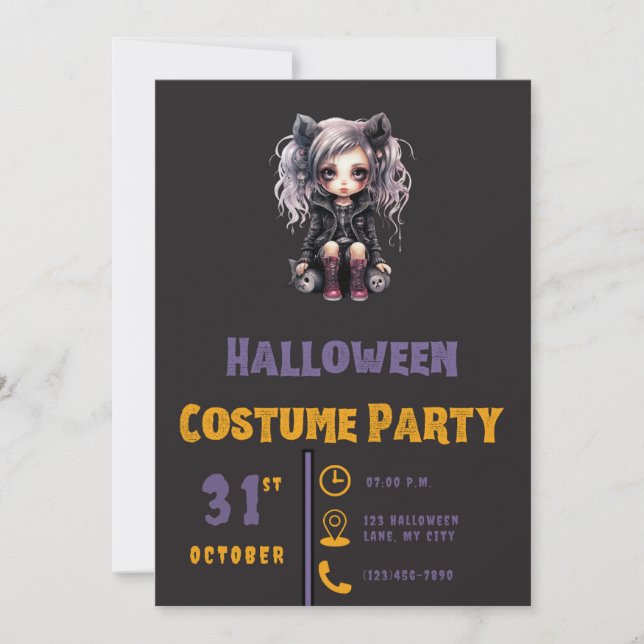 Grey Haired Gothic Girl Black Halloween Invitat Invitation (Front)