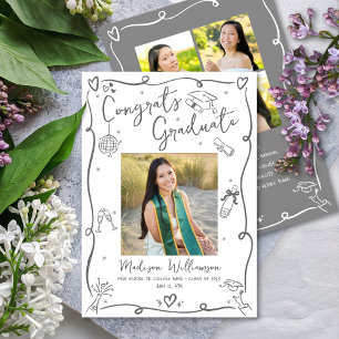 Grey Hand Drawn Doodles Graduation 4 Photo White Announcement