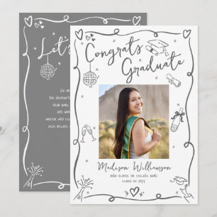Grey Hand Drawn Doodles Graduation Photo White Fun Announcement
