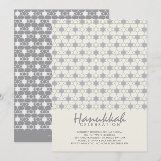 Grey Hanukkah Stars Of David Pattern Holiday Party Invitation (Front/Back)