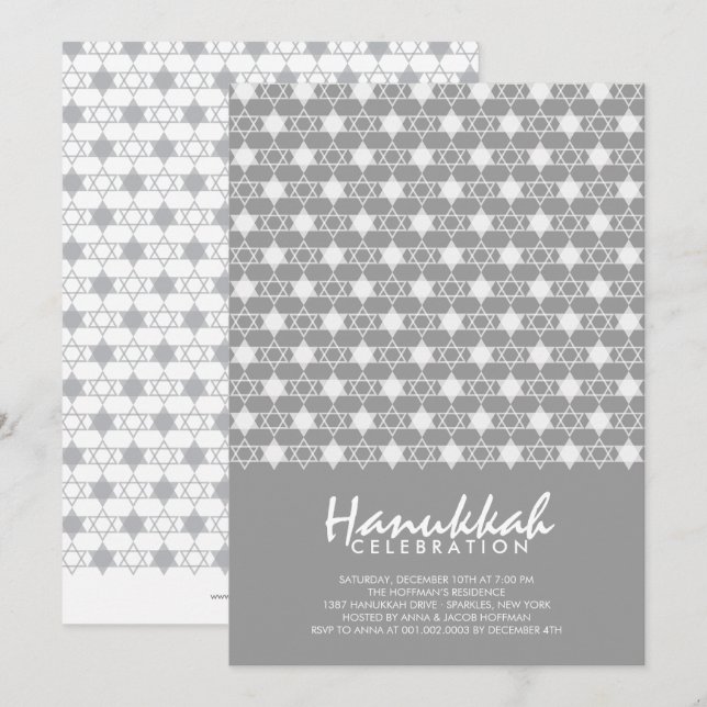 Grey Hanukkah Stars Of David Pattern Holiday Party Invitation (Front/Back)