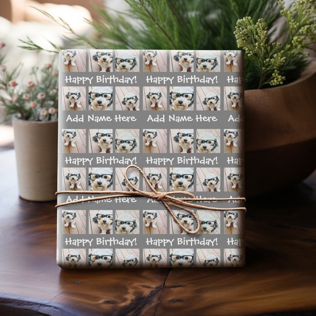 Grey Happy Birthday Name 6 Square Photo Collage Wrapping Paper (Personalized Photo Paper)