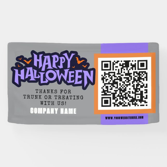 Grey Happy Halloween QR Business Banner (Horizontal)