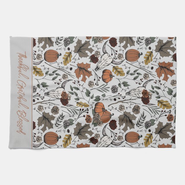 Grey Harvest and Horns Thankful Grateful Blessed Tea Towel (Horizontal)