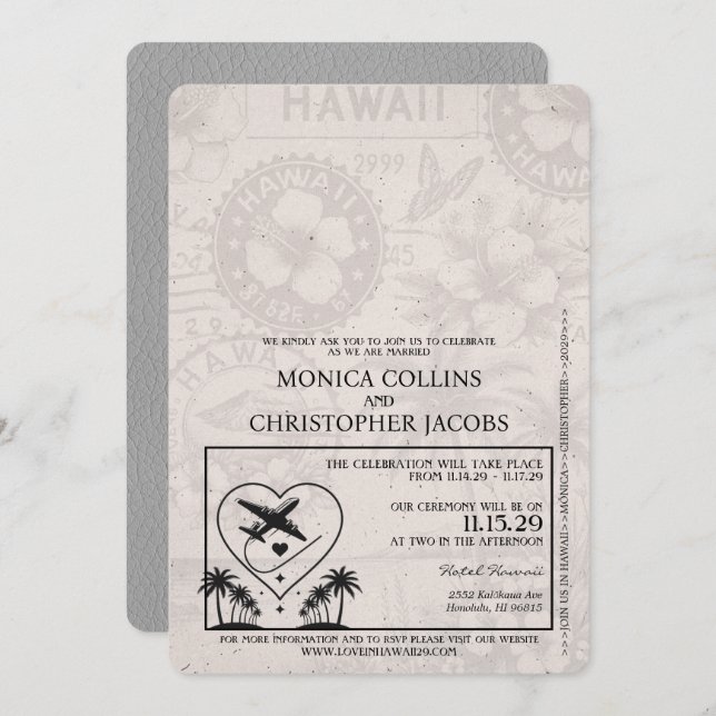 Grey Hawaii Passport Wedding Invitation (Front/Back)