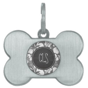 Grey Hawaiian Tropical Hibiscus; Retro Chalkboard Pet Tag