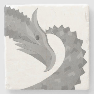 Grey heart dragon on white stone coaster