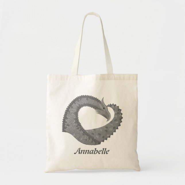 Grey heart dragon on white tote bag (Front)