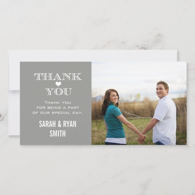 Grey Heart Wedding Photo Thank You Cards (Front)