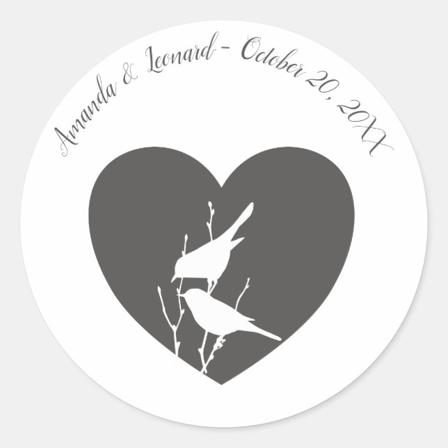 Grey Heart, White Birds Wedding Envelope Seals (Front)