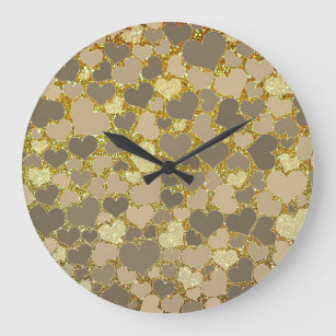 Grey Hearts Abstract Gold Glitter Patterns Modern Large Clock