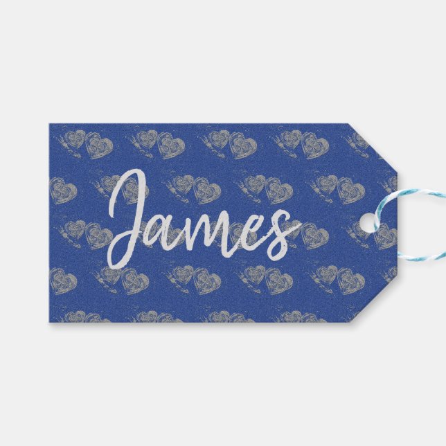Grey Hearts, Blue Jean Look, Personalised Gift Tag (Front (Horizontal))