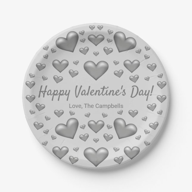 Grey Hearts Happy Valentine's Day & Custom Text Paper Plate (Front)