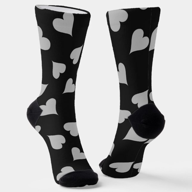 Grey hearts pattern on black socks (Angled)