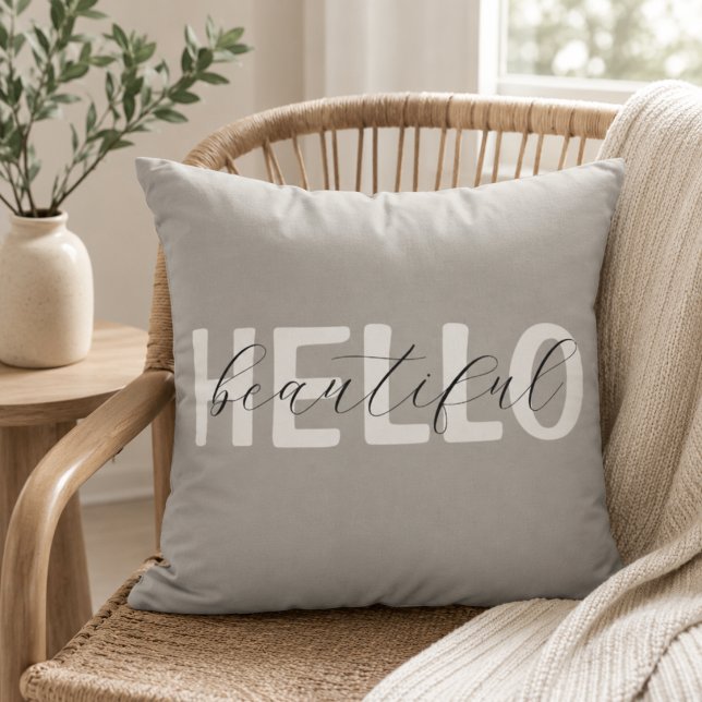 Grey "Hello Beautiful" Personalised Cushion (Creator Uploaded)