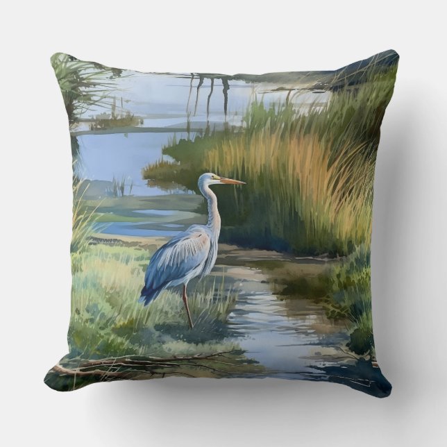 Grey Heron in a Creek Cushion (Front)