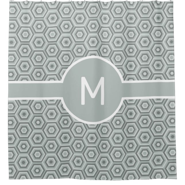 Grey Hexagons with Central Monogram Geometric Shower Curtain (Front)