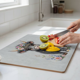 Grey Highland Cow With Florals Cutting Board