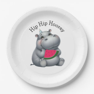 Grey Hippo Watermelon Birthday  Paper Plate