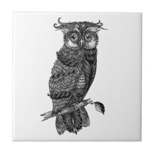Grey Hoot Owl with Orchids Tile