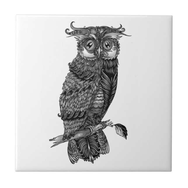 Grey Hoot Owl with Orchids Tile (Front)