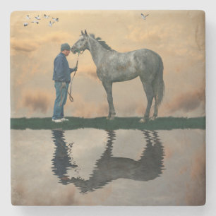 Grey Horse And Groom OTTB Stone Coaster
