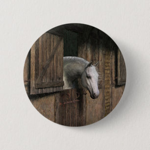Grey Horse at the Stable Door 6 Cm Round Badge