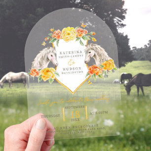 Grey horses and yellow roses monogram wedding arch acrylic invitations
