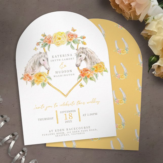 Grey horses and yellow roses monogram wedding arch invitation (Creator Uploaded)