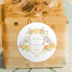 Grey horses and yellow roses monogrammed wedding classic round sticker