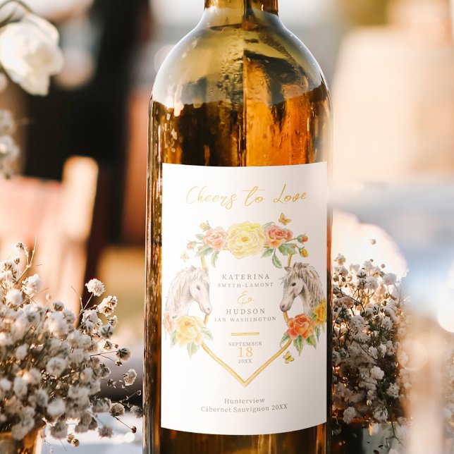 Grey horses and yellow roses monogrammed wedding wine label (Creator Uploaded)