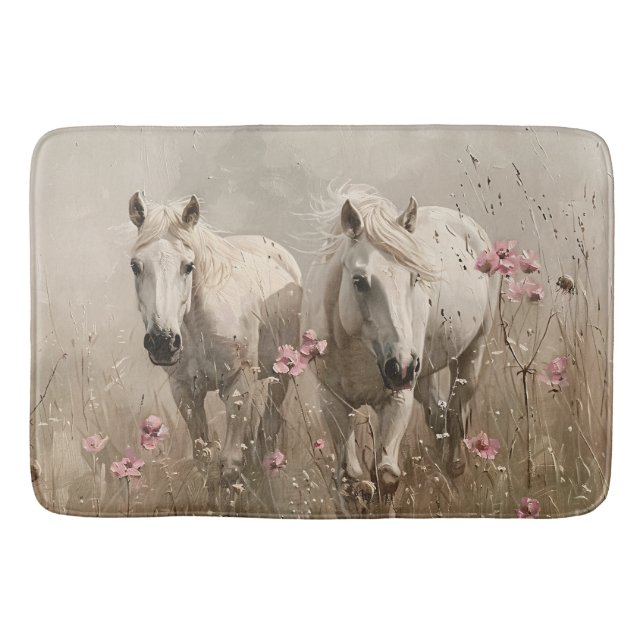 Grey Horses Pink Flowers Oil Painting Bath Mat (Front)