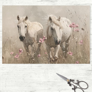 Grey Horses Pink Flowers Oil Painting Decoupage Tissue Paper