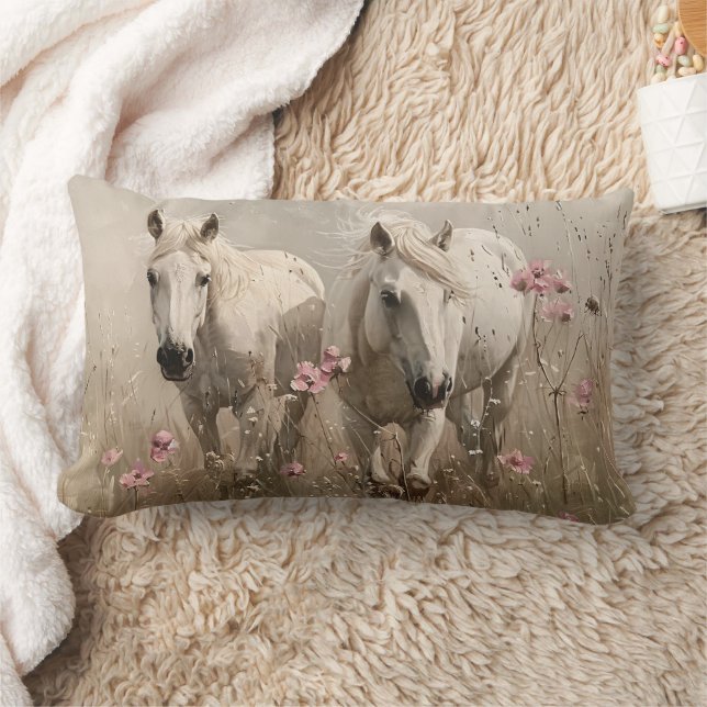 Grey Horses Pink Flowers Oil Painting Lumbar Cushion (Blanket)