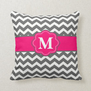 Grey Hot Pink Chevron Monogram Pillow