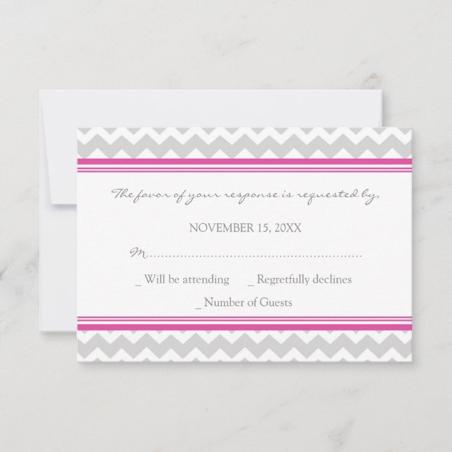 Grey Hot Pink Chevron RSVP Wedding Card (Front)