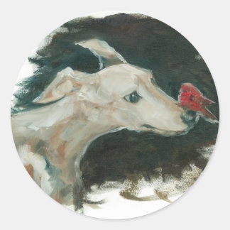 grey hound and finch painting! classic round sticker