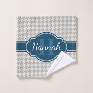 Grey Houndstooth Pattern Navy Monogram Wash Cloth